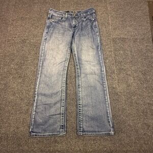 Helix Mens Bootcut Jeans Blue 32x30 Cross Embroidered Pocket Studded Y2K Denim